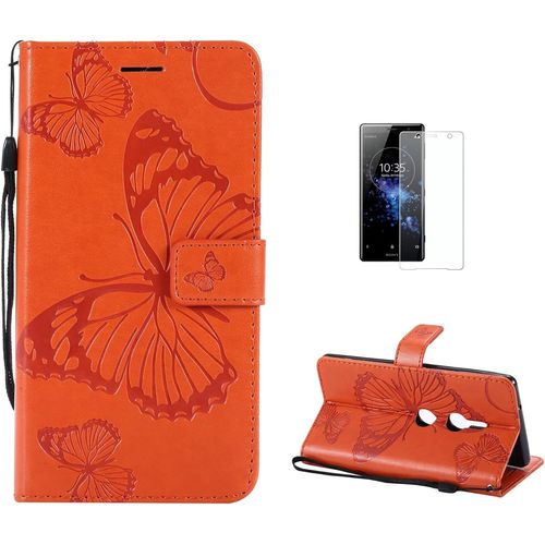 Coque Sony Xperia Xz2 [Avec Film De Protection Ecran Hd], (Serie De Papillon Et Fleur) Retro Emboss Papillon Premium Flip Housse Etui Portefeuille Pu Cuir Pour Sony Xperia Xz2(Orange)