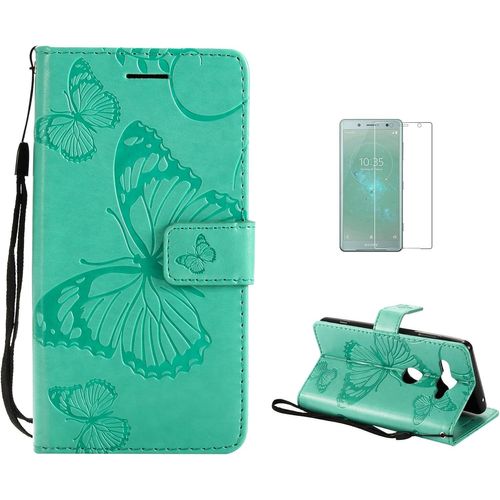 Coque Sony Xperia Xz2 Compact [Avec Film De Protection Ecran Hd], (Serie De Papillon Et Fleur) Retro Emboss Papillon Premium Flip Housse Etui Pu Cuir Pour Sony Xperia Xz2 Compact(Vert)