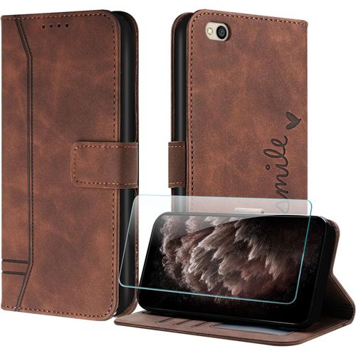 Coque Pour Xiaomi Redmi 5a Avec Protection Ecran, Etuis Rabat Folio Housse Cuir Portefeuille [Emplacements Cartes] Magnetique Support Pour Redmi 5a - Marron