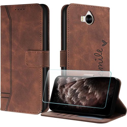 Coque Pour Huawei Y5 2017 / Y6 2017 Avec Protection Ecran, Etuis Rabat Folio Housse Cuir Portefeuille [Emplacements Cartes] Magnetique Support Pour Huawei Y6 2017 - Marron