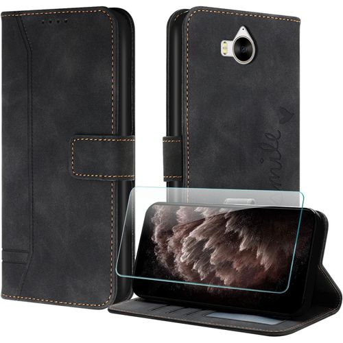 Coque Pour Huawei Y5 2017 / Y6 2017 Avec Protection Ecran, Etuis Rabat Folio Housse Cuir Portefeuille [Emplacements Cartes] Magnetique Support Pour Huawei Y6 2017 - Noir