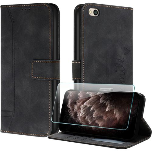 Coque Pour Xiaomi Redmi 5a Avec Protection Ecran, Etuis Rabat Folio Housse Cuir Portefeuille [Emplacements Cartes] Magnetique Support Pour Redmi 5a - Noir