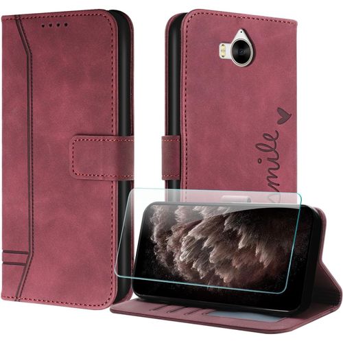 Coque Pour Huawei Y5 2017 / Y6 2017 Avec Protection Ecran, Etuis Rabat Folio Housse Cuir Portefeuille [Emplacements Cartes] Magnetique Support Pour Huawei Y6 2017 - Rouge