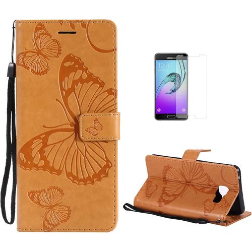 Coque Galaxy A3 2016/A310 [Avec Film De Protection Ecran Hd], (Serie De Papillon Et Fleur) Retro Emboss Premium Flip Housse Etui Pu Cuir Pour Samsung Galaxy A3 2016/A310 (Jaune)