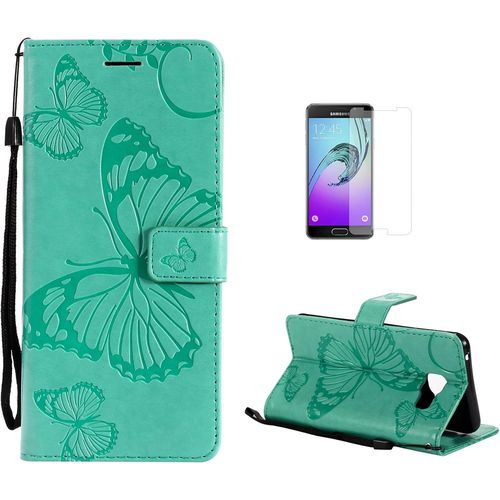 Coque Galaxy A3 2016/A310 [Avec Film De Protection Ecran Hd], (Serie De Papillon Et Fleur) Retro Emboss Premium Flip Housse Etui Pu Cuir Pour Samsung Galaxy A3 2016/A310 (Vert)