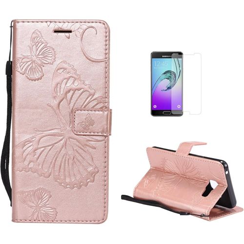 Coque Galaxy A3 2016/A310 [Avec Film De Protection Ecran Hd], (Serie De Papillon Et Fleur) Retro Emboss Premium Flip Housse Etui Pu Cuir Pour Samsung Galaxy A3 2016/A310 (Or Rose)
