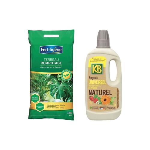 Pack jardinage - Terreau rempotage FERTILIGÈNE Plantes vertes et fleuries - 6L - Engrais naturel toutes plantes, légumes et fruits KB - 1L