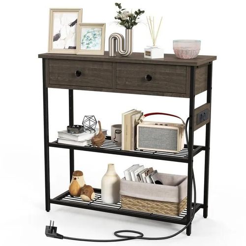 Costway Table Console - 2 Ports Usb (5v-2a) Et 2 Prises À 3 Trous - Style Industriel - 2 Tiroirs - 2 Étagères - Gris
