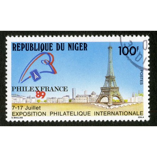 Timbre Oblitéré République Du Niger, Philex France 89, 7-17 Juillet, Exposition Philatélique Internationale, Postes, 100 F