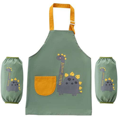 Tablier Peinture Enfant Tablier Enfant Cuisine Tablier Pour Enfants Filles Et Garçons Tablier Imperméable Pour Enfants Avec Poches Courroie Réglable (Dino Vert, ¿110cm | 3-6ans)