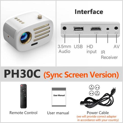 AUN PH30C Projecteur Portable Home Cinéma Projecteur Pour Téléphone Mobile  Beamer Sync Partage D'écran Smartphone Cinéma En Option Android - Type  PH30C-White