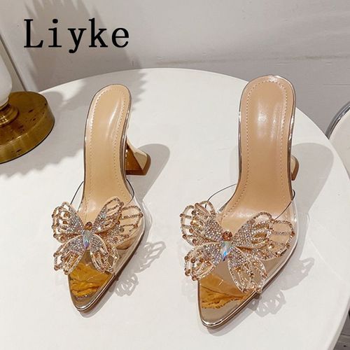 Pantoufles Transparentes En Pvc Pour Femmes Sandales D'été Bout Pointu Avec Strass Et N?ud Papillon Chaussures De Bal De Fin D'année