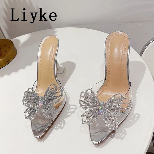 Chaussures Pantoufles Transparentes En Pvc Pour Femmessandales D'été Bout Pointu Avec Strass Et N?ud Papillonchaussures De Bal De Fin D'année