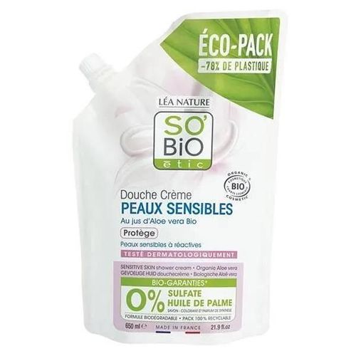 So'bio Étic Douche Écopack Crème Peaux Sensibles Jus D'aloe Vera Bio 650ml 