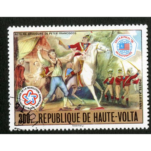 Timbre Oblitéré République De Haute-Volta, Acte De Bravoure De Peter Franciscos, Poste Aérienne, Interphil 76, Bicentenaire De La Révolution Américaine, 1776-1976, 300