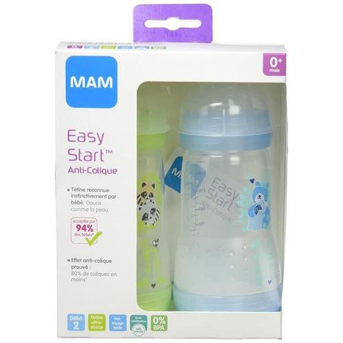 Mam Biberon Anti-Colique - 260ml - 0 À 6 Mois - Tétine Débit 2 - Lot De 2 - Aléatoire (Bleu/Vert)