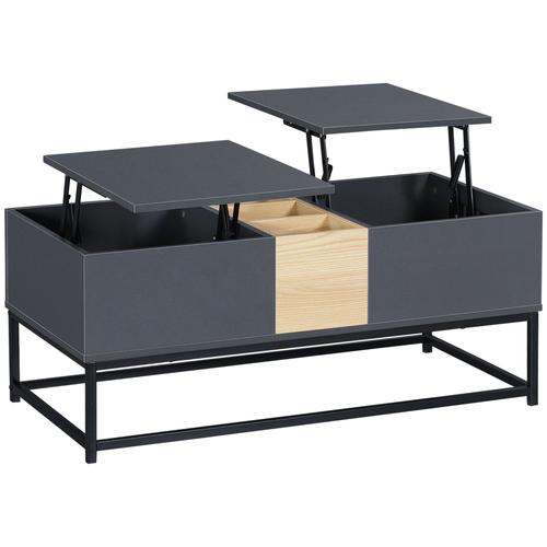 Table Basse Relevable Double Plateau Rangements Noir Gris Effet Bois