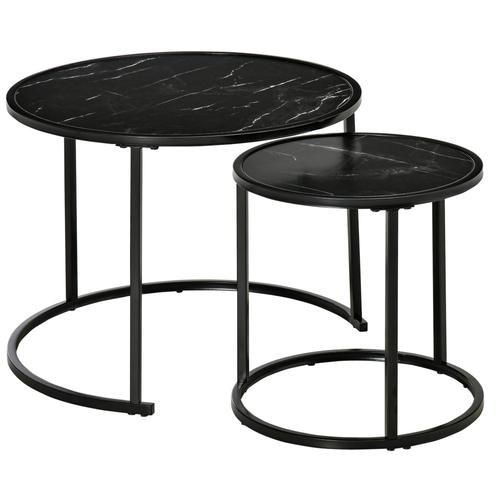 Lot De 2 Tables Basses Gigognes Empilables Métal Effet Marbre Noir