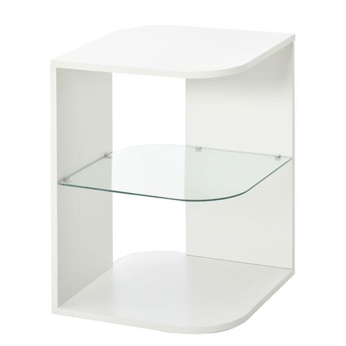 Guéridon Design Contemporain Étagère Verre Trempé Aspect Bois Blanc