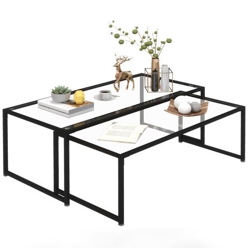 Tables Gigognes Lot De 2 Tables Basses Design Acier Noir Verre Trempé