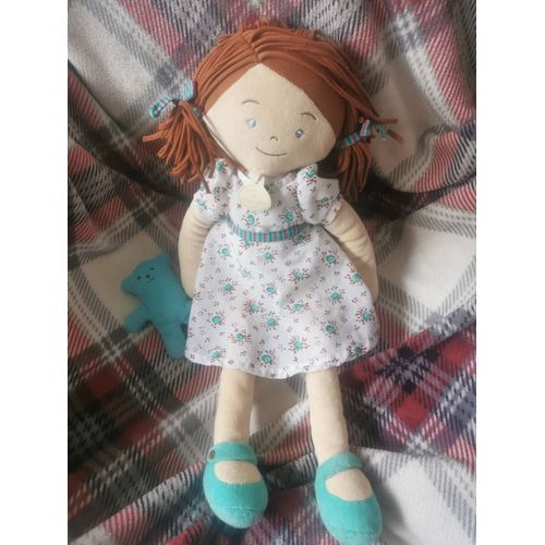 Poupée Chiffon Cheveux Marron Robe Blanche Fleurs Turquoise Ours Bleu Doudou Et Compagnie