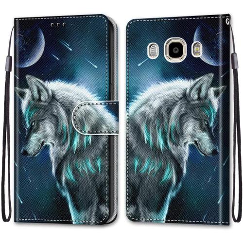 Coque Pour Samsung Galaxy J7 2016, Premium Étui Housse En Cuir De Protection Avec Emplacements Cartes Fonction De Support Magnetique , Housse Etui Coque Pour Samsung J7 2016 Loup 1