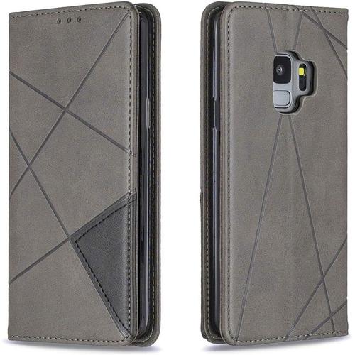 Étui Pour Samsung Galaxy S9 / Sm-G960f 5,8 Pouces Pu Cuir Magnétique Portefeuille Protection Housse Stent Fonction Flip Cuir Pour Galaxy S9 Cool Polygon Gris