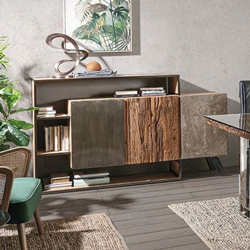 Buffet 3 Portes 175x38x100 Cm En Bois Naturel Et Gris - Hayam