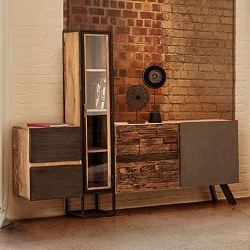 Buffet 2 Portes 193x38x165 Cm En Bois Naturel Et Gris - Hayam