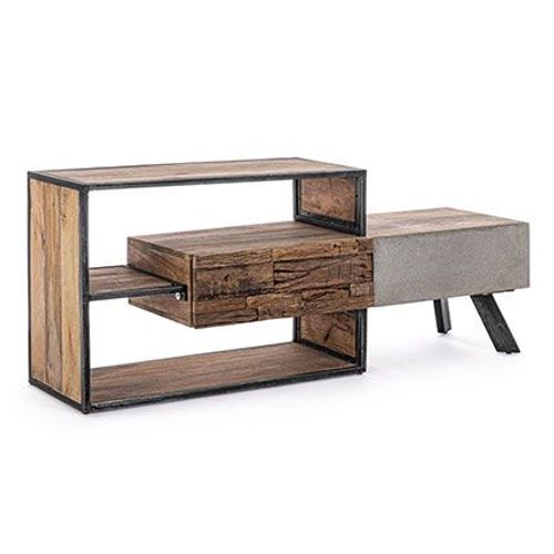 Meuble Tv 2 Tiroirs 145x40x60 Cm En Bois Naturel Et Gris - Hayam