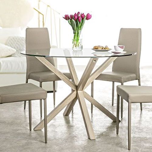 Table À Manger Ronde 114x76 Cm En Verre Et Acier Effet Bois - Kromi