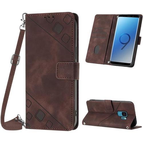 Coque Pour Samsung Galaxy S9, Pu Leather Flip Portefeuille Étui En Cuir, 3 Porte Cartes Fermeture Magnétique Bandoulière Réglable Coque Pour Samsung S9 - Marron