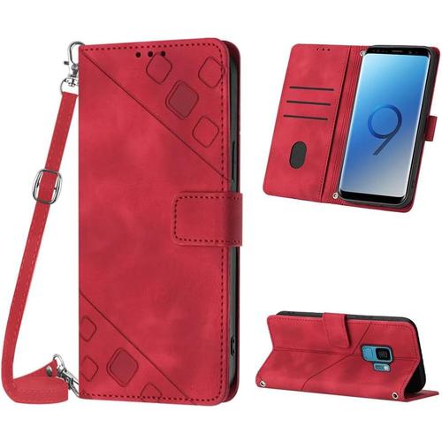 Coque Pour Samsung Galaxy S9, Pu Leather Flip Portefeuille Étui En Cuir, 3 Porte Cartes Fermeture Magnétique Bandoulière Réglable Coque Pour Samsung S9 - Rouge