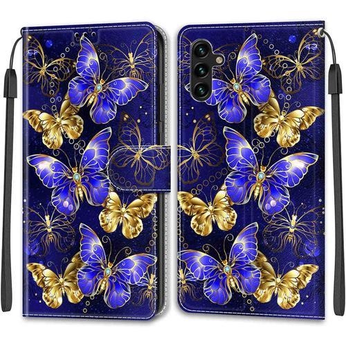 Coque Samsung Galaxy A04s/A13 5g/M13 5g/A04 4g, Etui Premium Housse En Cuir Pochette Protection Portefeuille Rabat Clapet Case Porte Carte Magnétique Étui Antichoc Cover Papillon 3