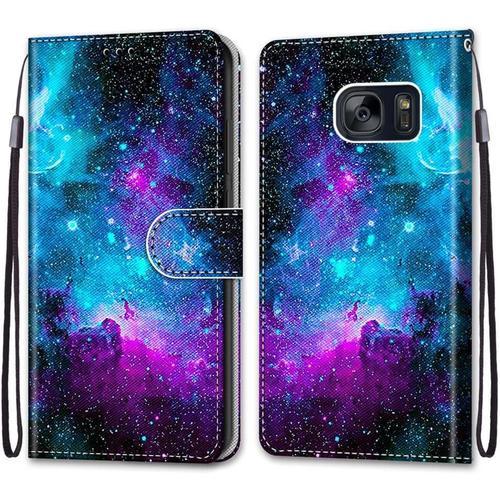 Coque Pour Samsung Galaxy S7, Etui En Cuir Pu Portefeuille Housse Coque Avec 360 Degrés Silicone Antichoc Protection Cover Cuir Pochette Magnétique Und Flip Béquille Ciel Étoilé