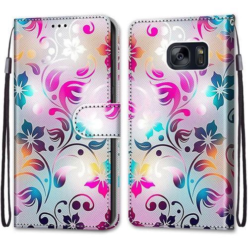 Coque Pour Samsung Galaxy S7, Etui En Cuir Pu Portefeuille Housse Coque Avec 360 Degrés Silicone Antichoc Protection Cover Cuir Pochette Magnétique Und Flip Béquille Fleur 1