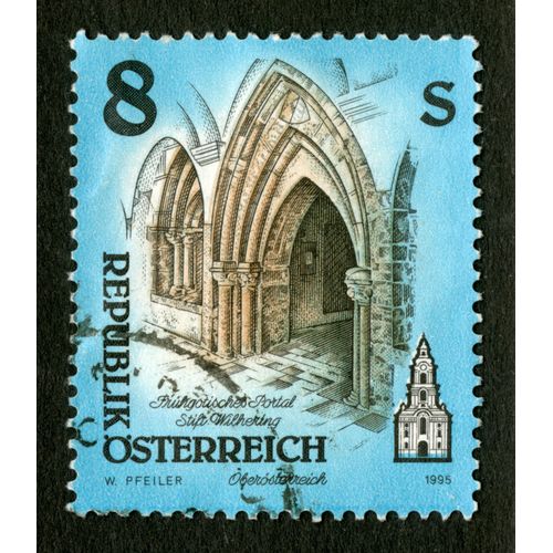 Timbre Oblitéré Republik Osterreich, Oberosterreich, 1995, Fruchgotisches Portal Stift Wilhering, Pfeiler, 8 S