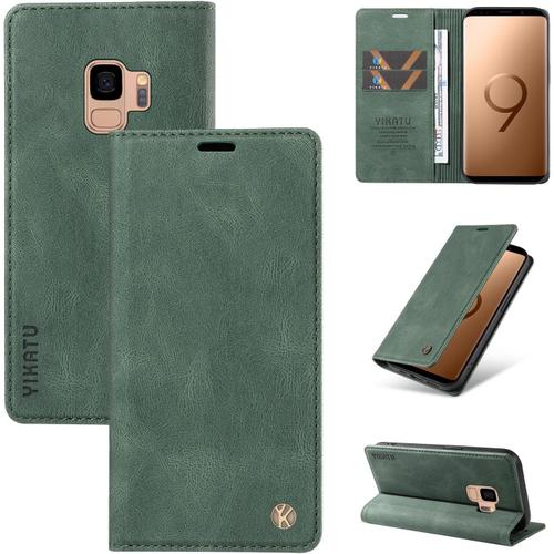 Coque Pour Samsung Galaxy S9 / G9600, Premium En Cuir Pu Antichoc Anti-Rayures Flip Case, Etui Portefeuille Magnétique Support Fonction Coque De Protection Vert