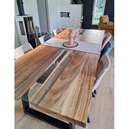 Table Plateau Bois Massif & Verre 240 X 100 X 77