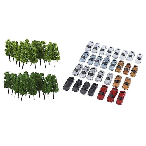 50pcs Painted Diecast Cars And Tree Building Train Model Kits Z:1:200 Scale