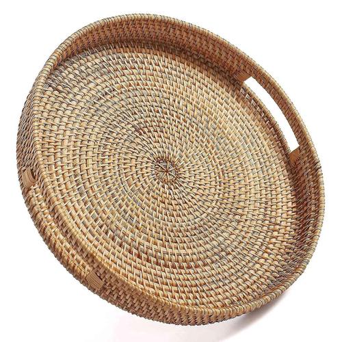 Plateau De Service En Rotin Rond Plateaux Ottomans Tissés Décoratifs Avec Poignées Pour Table Basse Natural(Smal De Zhenhuiying