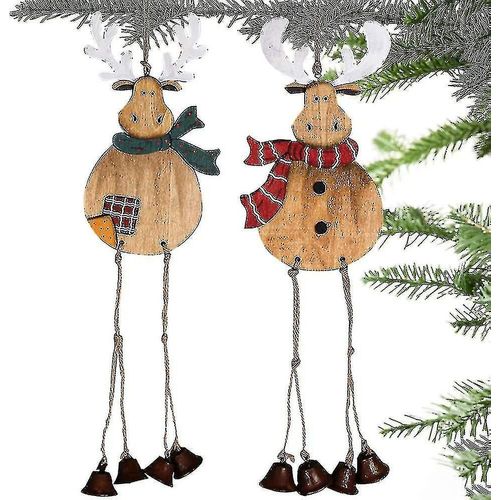 Large Handmade Wood Reindeer Ornaments - 2 Pack Christmas Tree Ornaments With Burlap Hanging String And Jingle Bells For Outdoor Home Door Decorations
