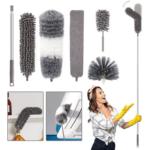 5pcs Plumeau Poussière Télescopique Plumeau Poussière En Télescopique Plumeau Lavable Microfibre Plumeau Télescopique Kit Plumeau Toile D'araignée Poussière Tete De Loup Balai Exterieur 