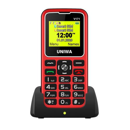 For Elderly Man 2G Feature Phone UNIWA V171 GMS Mobile Phone Wireless FM 1000mAh Cellphone SOS 1.77" Screen Free Charging Dock couleur:Bundle 2, mesures:Red