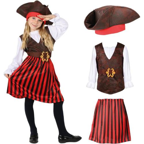 Costume De Pirate Pour Fille - Chemise De Pirates, Jupe Rayée, Chapeau De Pirates Tricorn - Costume D'halloween Pour Enfants