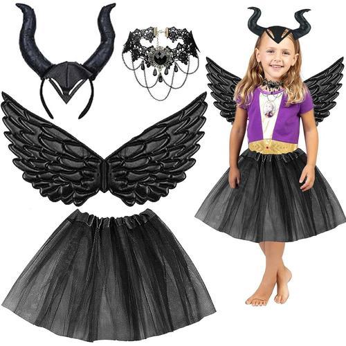 Lot De 4 Serre-Cheveux Pour Enfants - Avec Ailes D'ange Noires Et Tutu D'halloween - Collier En Dentelle Gothique - Costume De Diable - Coiffe D'halloween