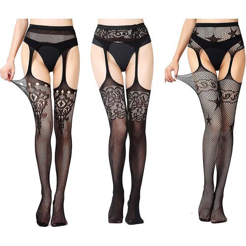 3 Pièces Collant Resille,Collant Bas Résille Porte Jarretelle Venitien Chandelier Sexy Dentelle Stockings, Collants rétro en résille avec motifs riches et taille haute pour femme, Noir, Taille Unique