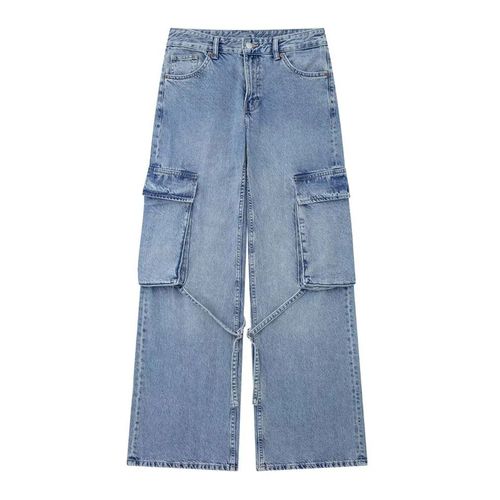 Traf-Jean Cargo En Denim Avec Poches Plaquées Pour Femme,Vintage,Taille Moyenne,Fermeture Éclair,Braguette Fjmujer