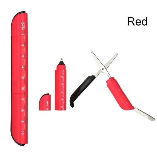 La couleur rouge Règle en plastique multifonction créative 3 en 1, stylo à bille avec ciseaux pliants, stylos d'écriture, fournitures de papeterie scolaire et de bureau