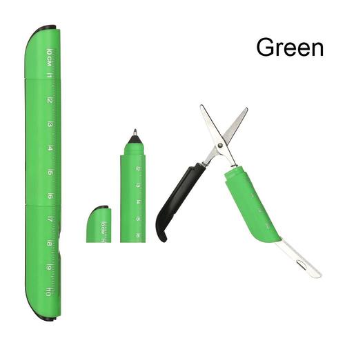 la couleur verte Règle en plastique multifonction créative 3 en 1, stylo à bille avec ciseaux pliants, stylos d'écriture, fournitures de papeterie scolaire et de bureau